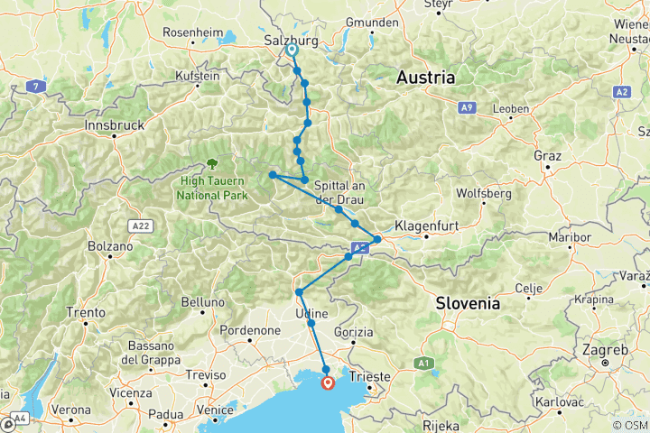 Karte von Alpe-Adria-Radweg - Von Salzburg nach Triest (12 Tage)