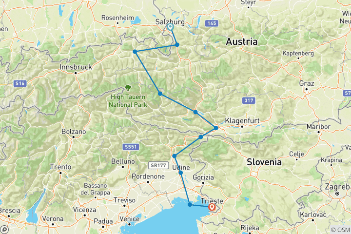 Karte von Alpe-Adria-Radweg - Von Salzburg nach Triest (12 Tage)