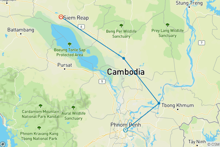 Karte von Kambodscha - Mit dem Fahrrad von Phnom Penh nach Siem Reap (7 Tage)