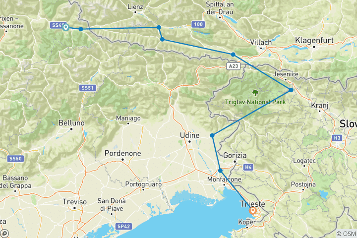 Karte von Rennrad Dolomiten - Triest (8 Tage)