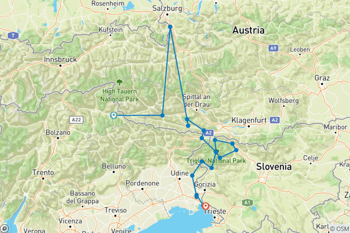 Kaart van Racefiets Dolomieten - Triëst (8 dagen)