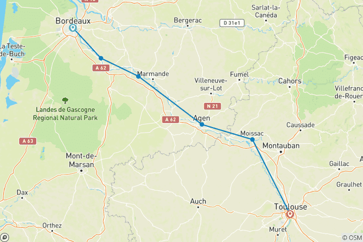 Carte du circuit Canal de la Garonne - de Bordeaux à Toulouse (7 jours)