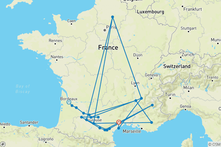 Carte du circuit Canal des Deux Mers - de Bordeau à Sète (12 jours)