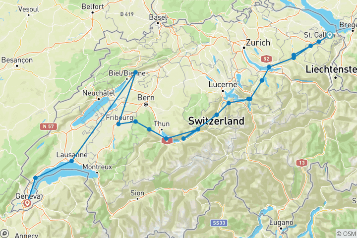 Carte du circuit Via Jacobi itinéraire complet : Rorschach - Genève (21 jours)
