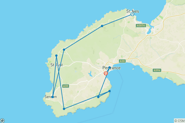 Carte du circuit Cornouailles - South West Coastal Path : De St Ives à Penzance (8 jours)