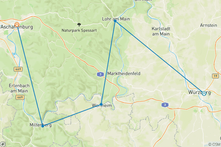 Kaart van Hoofdweg: De korte route van Würzburg naar Aschaffenburg (5 dagen)