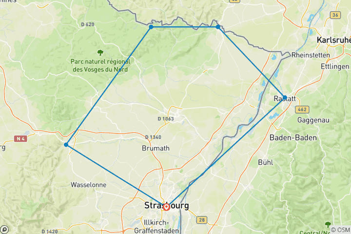 Carte du circuit Faire du vélo dans la région PAMINA Pays de Bade - Alsace - Palatinat (8 jours)