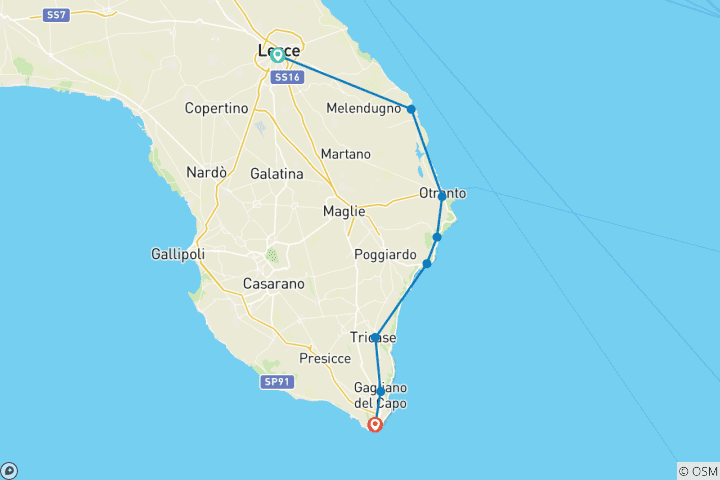 Karte von Die Salento Küste: Von Lecce nach Santa Maria di Leuca (8 Tage)