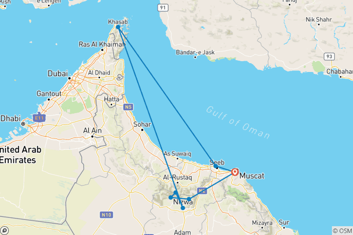 Map of Trekking in Oman: Traverse in the Western Hajar Mountains with Musandam 14 Days
