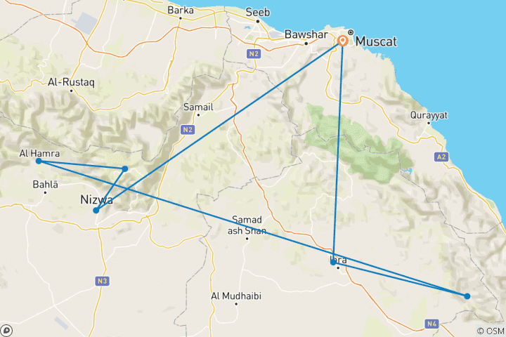 Map of Trekking in Oman: Traverse in the Western Hajar Mountains with desert Experience13 Days