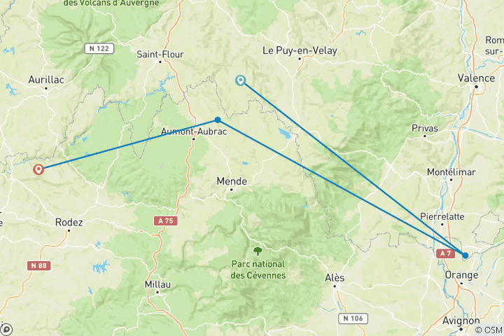 Carte du circuit Du Puy-en-Velay à Aumont-Aubrac (6 jours)