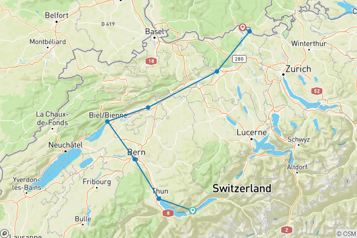 Carte du circuit Route de l'Aar Interlaken - Bad Zurzach (7 jours)