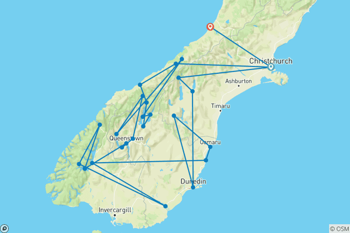 Karte von Neuseeland - Die Schätze der Südinsel (13 Tage)
