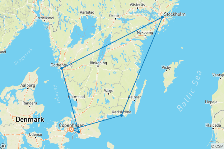 Mapa de Ciudades del sur de Suecia en tren (10 días)