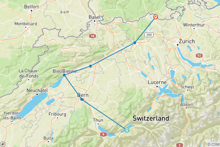Karte von Aare-Route Grimselpass - Bad Zurzach (8 Tage)