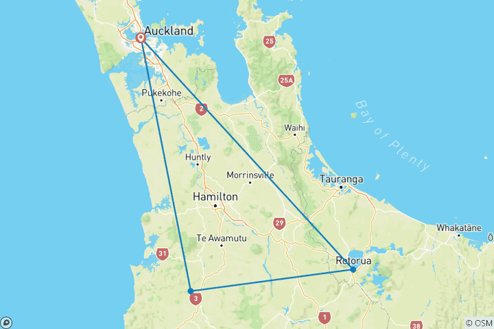 Karte von Neuseeland - Auckland, Waitomo, Rotorua und Hobbiton (6 Tage)