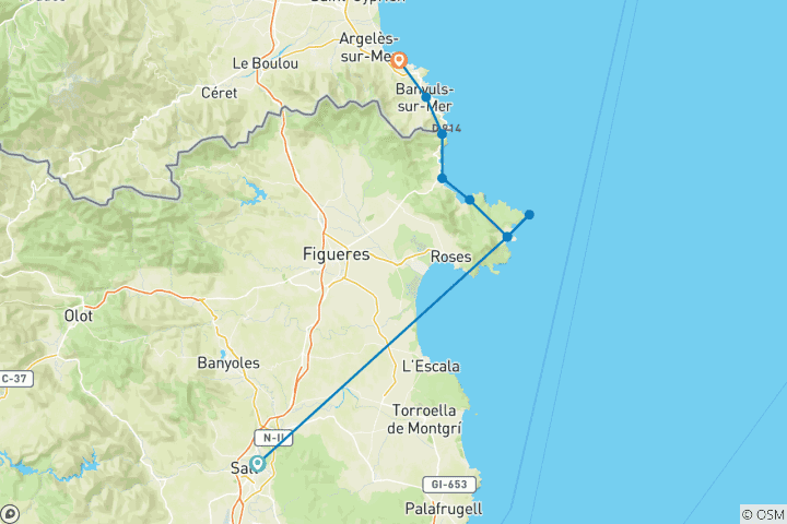 Carte du circuit Costa Brava - Randonnée pédestre d'Espagne en France (7 jours)