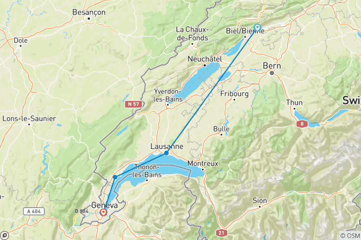 Carte du circuit Via Jacobi Romont - Genève (7 jours)