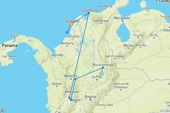 Karte von Kolumbien - Magie zwischen Kaffee, Kolonialflair und Karibik mit Badeverlängerung (21 Tage)