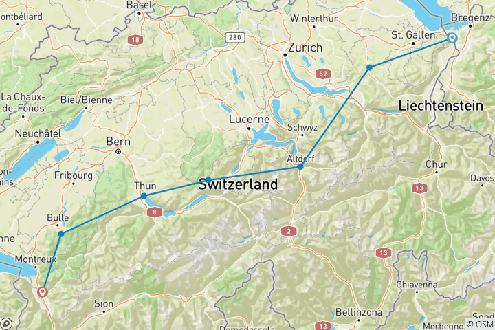 Carte du circuit Route panoramique des Alpes Rorschach - Aigle (8 jours)