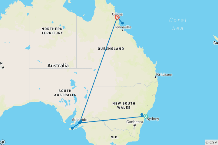 Karte von Australien - Naturschätze & ikonische Städte (15 Tage)