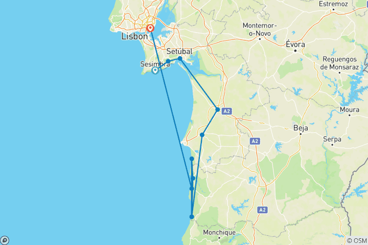 Carte du circuit Voyage à vélo guidé - Le long de la côte Vicentina du Portugal (8 jours)