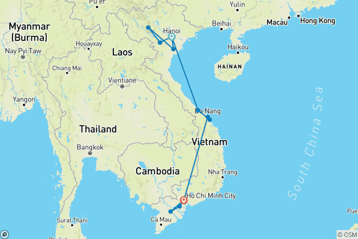 Karte von Vietnams Höhepunkte in 15 Tagen entdecken (15 Tage)
