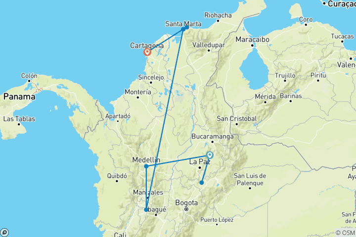 Karte von Kolumbien - Magie zwischen Kaffee, Kolonialflair und Karibik (18 Tage)
