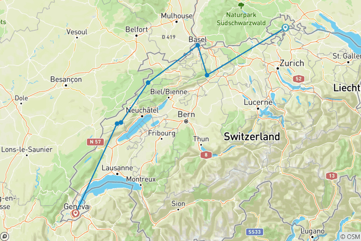 Carte du circuit La Route Verte : Schaffhouse - Genève (10 jours)