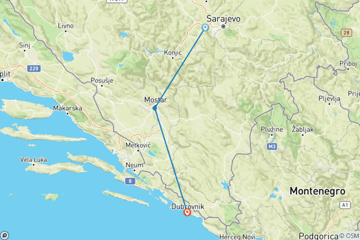 Mapa de Sarajevo a Dubrovnik - 4 días