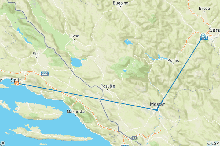 Mapa de Sarajevo a Split - 4 días