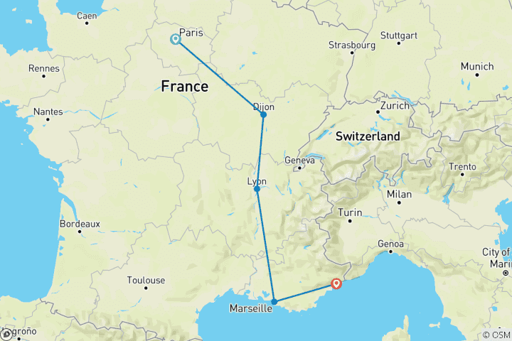 Carte du circuit 12 jours d'aventure en France : Paris, Dijon, Lyon, Marseille et Nice