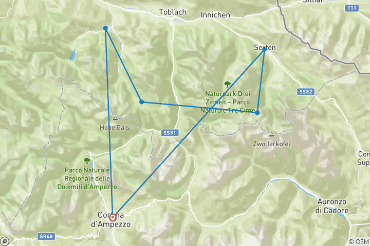 Karte von Dolomiten Naturpark - Rund um Cortina (8 Tage)