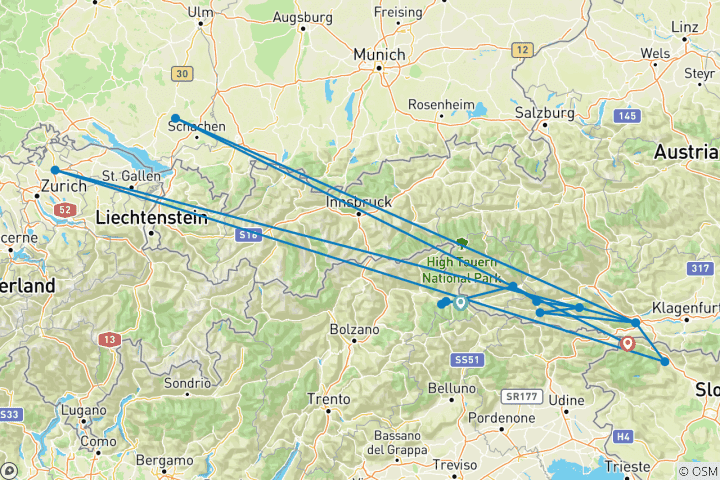 Karte von Fünfzehn Seen zwischen Tirol, Kärnten und Slowenien (7 Tage)