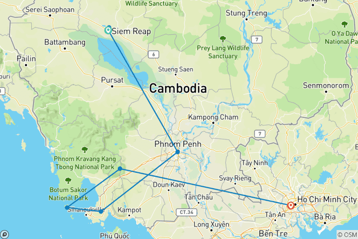 Carte du circuit Du Cambodge au Vietnam : Temples, plages de Koh Rong, et animation des grandes villes