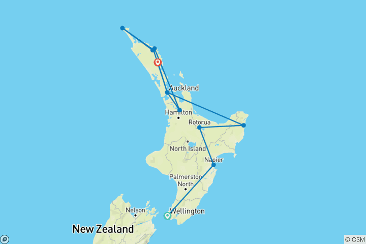 Carte du circuit Les joyaux du nord de la Nouvelle-Zélande (petit groupe, 2027/2028) (from Wellington to Whangarei)