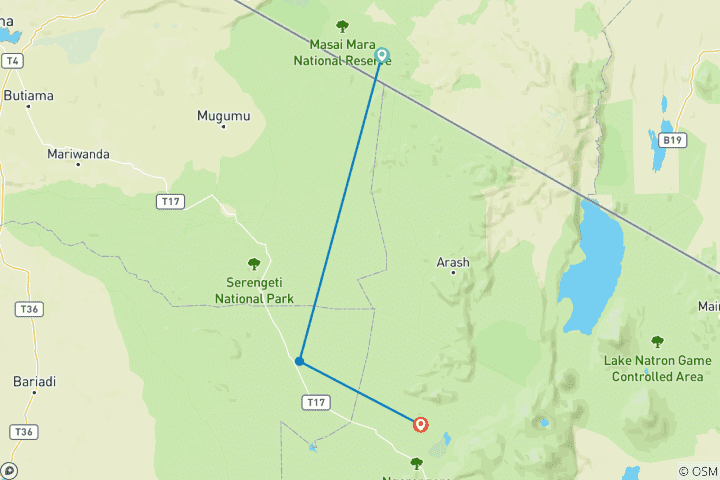 Kaart van 6-daagse hoogtepunten van Kenia en Tanzania - middenklasse
