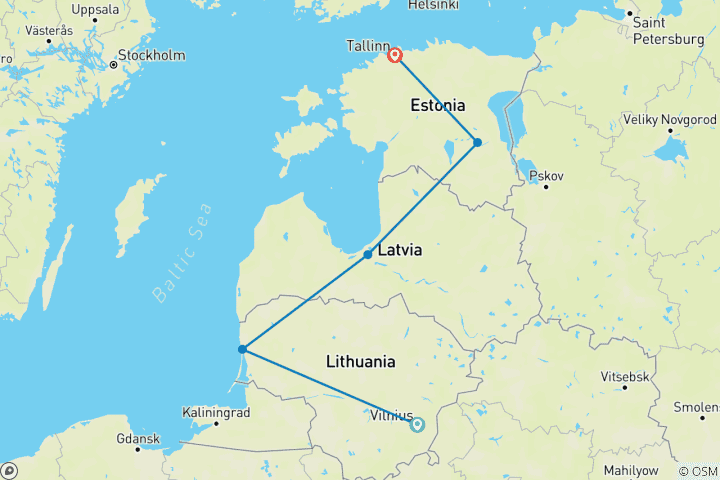 Karte von Baltikum Bahnreise - 9 Tage durch Litauen, Lettland und Estland