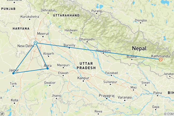 Carte du circuit Circuit de 8 jours dans le Triangle d'Or et au Népal - Explorer le Taj Mahal jusqu'à Katmandou