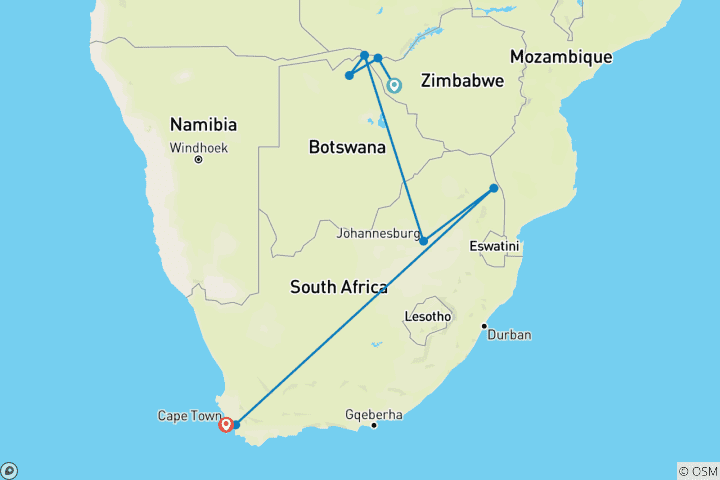 Map of Geluxe: Southern Africa: Kruger, Victoria Falls & Zimbabwe National Parks