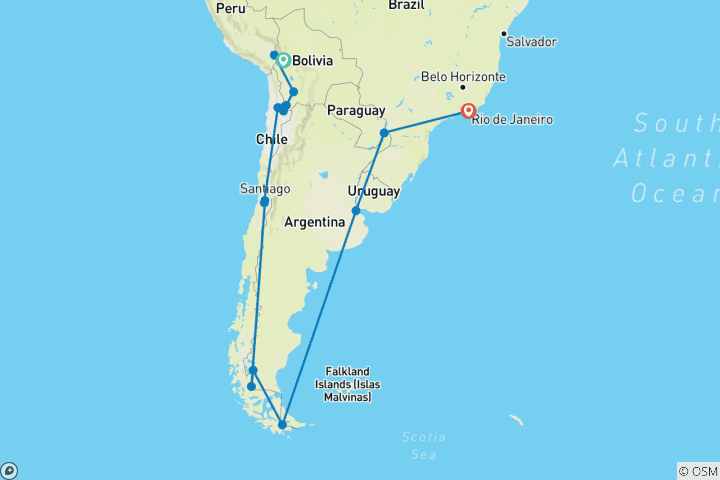 Map of South American Explorers 20 Day Tour
