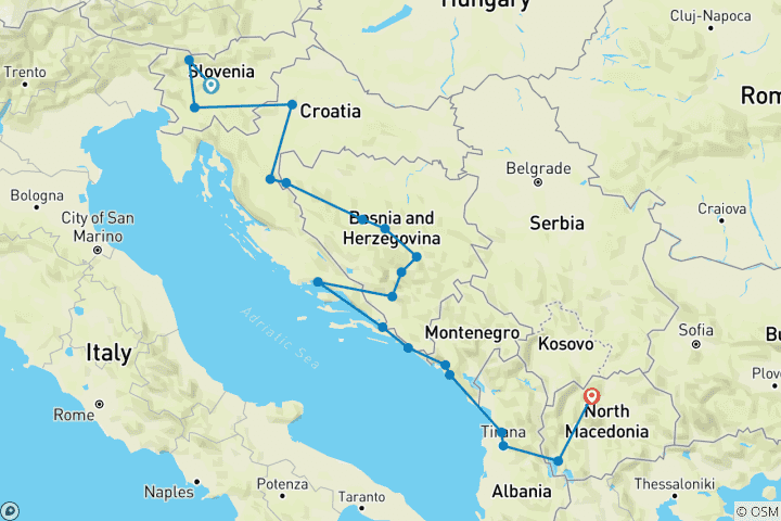 Carte du circuit Circuit de 15 jours dans les Balkans - Slovénie Croatie Bosnie Monténégro Albanie Macédoine du Nord