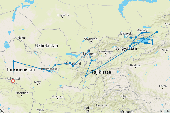 Mapa de Viaje en grupo de 22 días por la Ruta de la Seda de los Cinco Stans