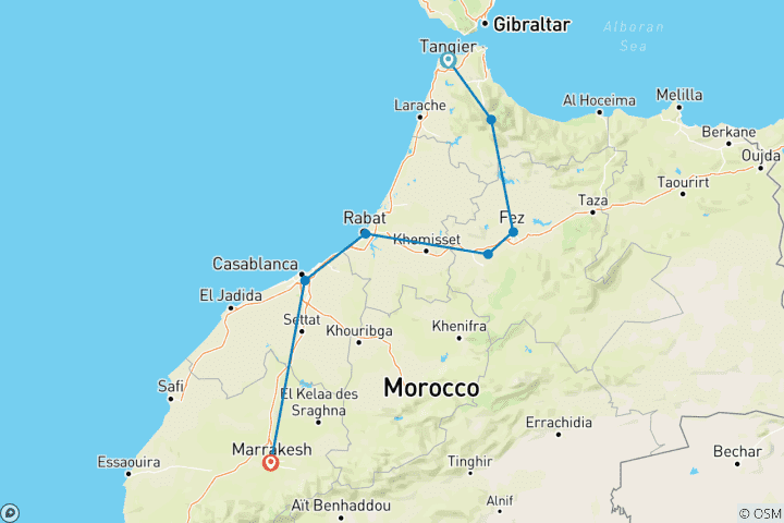 Karte von 5-tägige Tour von Tanger nach Marrakesch und in die kaiserlichen Städte durch die Wüste Sahara