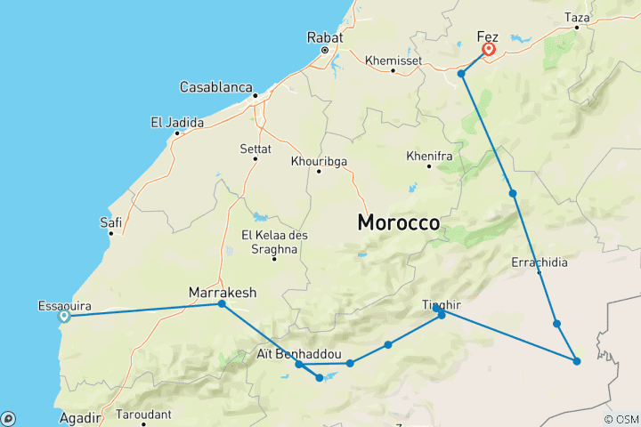 Carte du circuit Circuit privé de 4 jours dans le désert d'Essaouira à Fès