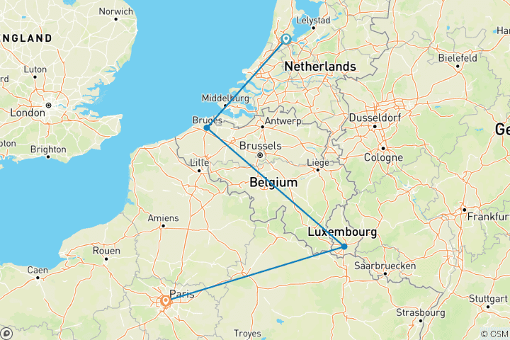 Map of Amsterdam, Brugge, Luxembourg and Paris in 8 Days