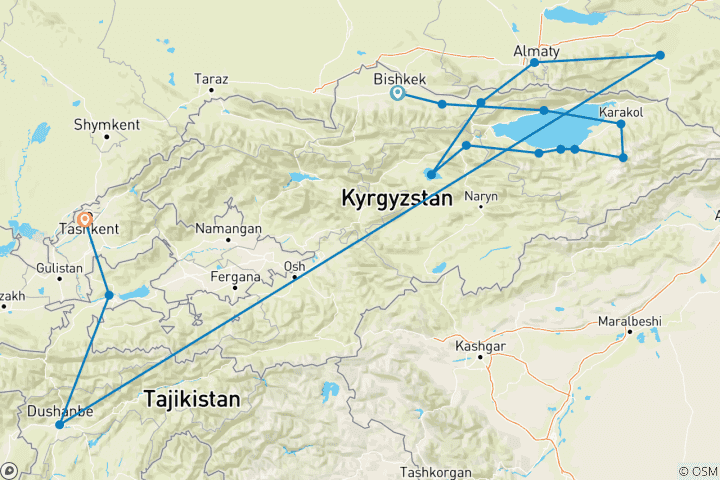 Carte du circuit 15 jours en Asie centrale : 3+1 Circuit en groupe à Stans