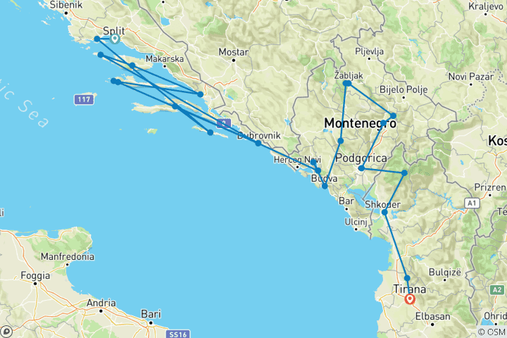 Carte du circuit Naviguez en Croatie et explorez le Monténégro