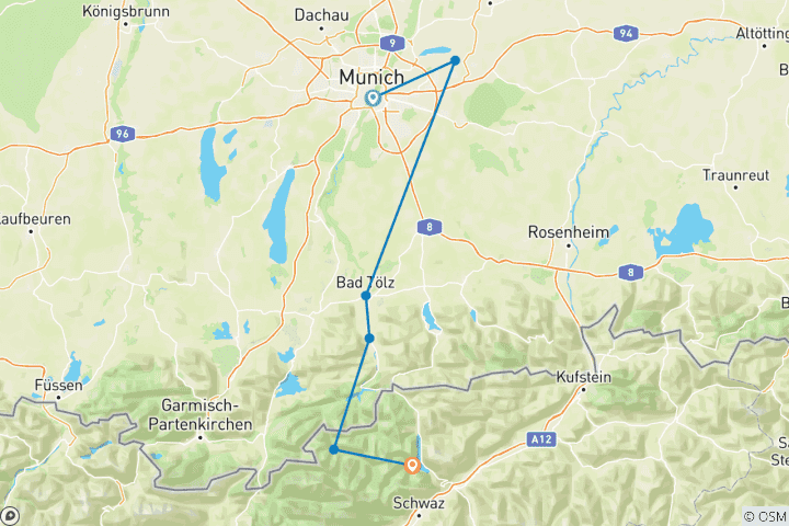 Karte von Teil 1 der Wandertrilogie München - Venedig: Von München ins Zillertal