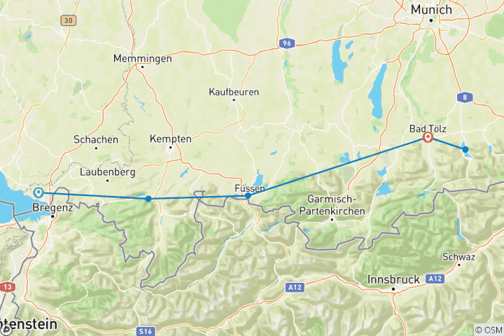 Karte von Bodensee-Königssee Radweg: Teilstrecke Bodensee bis Tegernsee Geführt